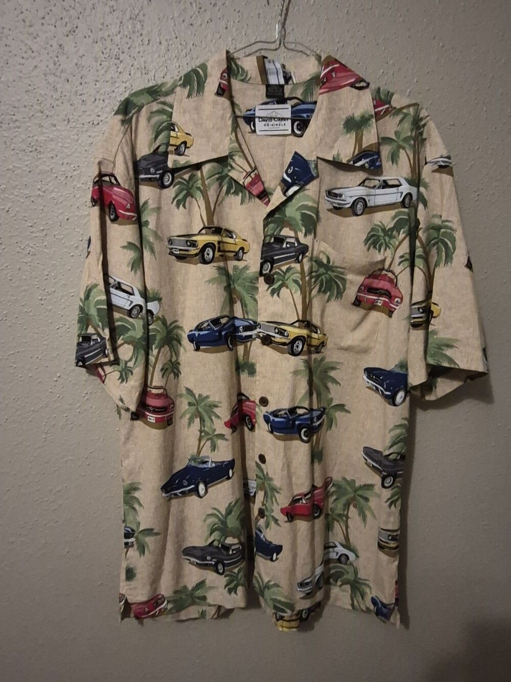 David Carey Mens L Shirt Green Ford Mustang Classic Car Tropical Hawaiian